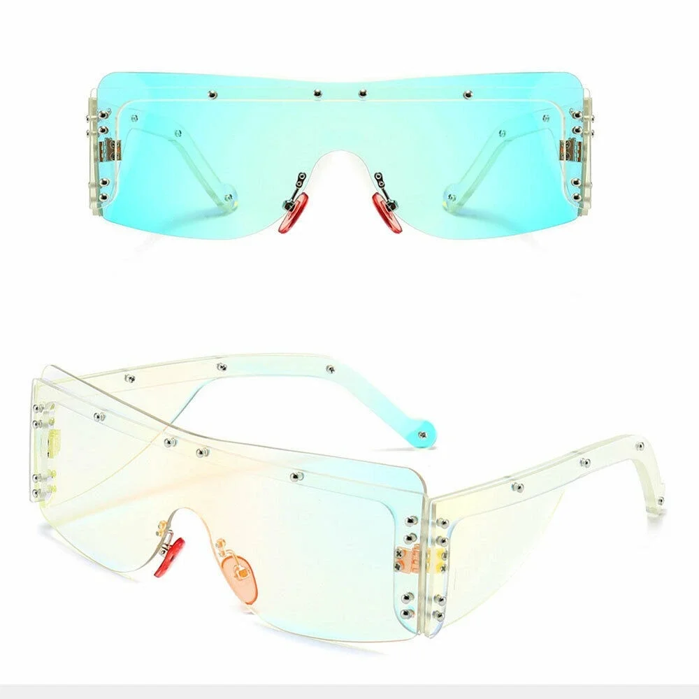 Shield Sunglasses Iridescent Lens Rivet Accents Fashion Futuristic‎ Women Lentes